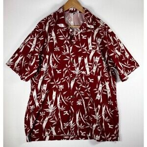 Vintage No Fear Mens Large Red White Bamboo Print Button Up Surf Aloha Skate Y2K